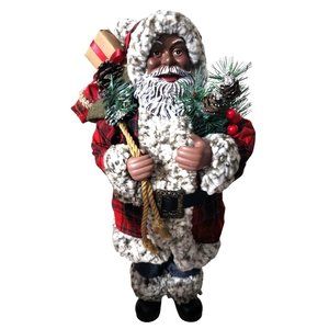 African American Santa Claus 18" Fur Plaid Jacket Gift Bag